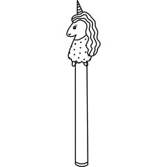 Kawaii hand drawn pen with unicorn in the dress on the cap in doodle style. Kids ball ink pen with animal head for drawing and writing. Back to school supply and stationery for study and work.