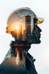 Construction worker overlay with cityscape. A conceptual image blending a construction worker's silhouette with a vivid cityscape, symbolizing urban development and the workforce that builds it - obrazy, fototapety, plakaty