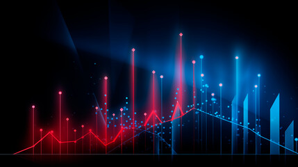 Background with business growth graph, blue and red colors. Abstract image of graphs, geometric shapes, scales of growth and decline. Background for business presentations. Bright stylized background