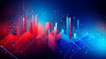 Background with business growth graph, blue and red colors. Abstract image of graphs, geometric shapes, scales of growth and decline. Background for business presentations. Bright stylized background - obrazy, fototapety, plakaty