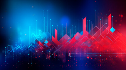 Background with business growth graph, blue and red colors. Abstract image of graphs, geometric shapes, scales of growth and decline. Background for business presentations. Bright stylized background
