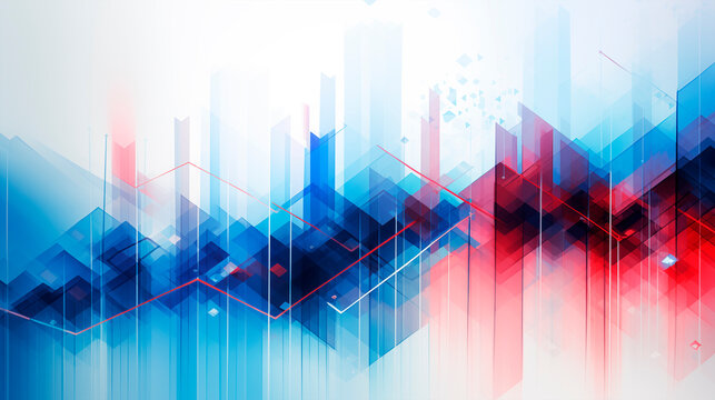 Background with business growth graph, blue and red colors. Abstract image of graphs, geometric shapes, scales of growth and decline. Background for business presentations. Bright stylized background