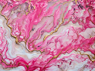 Obraz premium Ink Abstract: Rosy Pink Paint with Watercolor Stone and Liquid Marble Texture, Modern Gold Glitter Pink Design Splash - Design Template, Wallpaper, Background - Artistic Luxury for Creative Projects