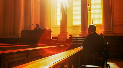 Courtroom interior. Empty Courthouse room interior. Law and Justice concept. Generative AI - obrazy, fototapety, plakaty
