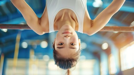 asian female gymnast hanging upside down on the uneven bars in a bright gym
