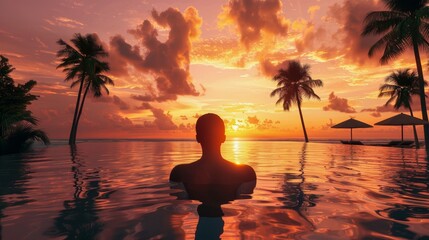 Peaceful silhouette of a person enjoying a breathtaking tropical sunset while relaxing in an infinity pool