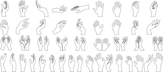 Hand line art collection, diverse gestures, illustration guide. Expressing actions, emotions through finger placements, angles. Perfect for icons, instructional material. Black art on white background