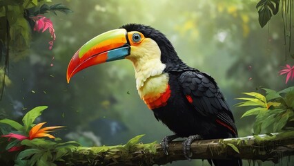 Obraz premium Colorful toucans, like the Keel-billed toucan, inhabit the lush forests of Central and South America, adding beauty with their vibrant plumage and large bills.
