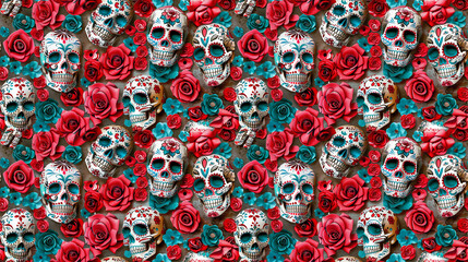 Fototapeta na wymiar Sugar Skulls and Roses seamless pattern