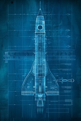 Detailed blueprint of a rocket with aircraft features illuminated under soft - obrazy, fototapety, plakaty