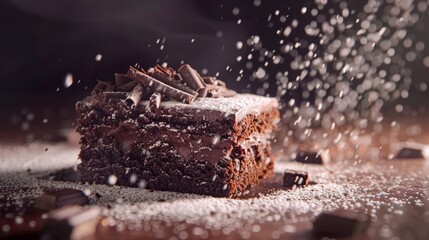 An appetizing image of a rich chocolate cake with sprinkles capturing the moment of sugar dust falling - obrazy, fototapety, plakaty