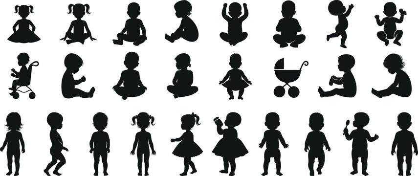 baby silhouette, Child and baby vector illustration, baby and toddler silhouettes, playing, walking, reading, sleeping. Perfect for parenting websites, educational content, child development center