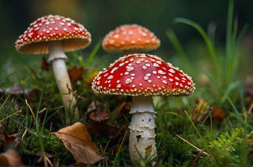 Fototapeta premium beautiful closeup of forest fly agaric mushrooms