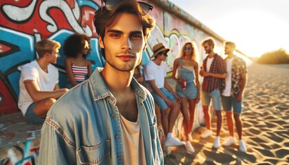 Obraz premium Confident young man posing with a casual denim look while his diverse group of friends enjoy time together in the background.
