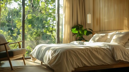 A sun-drenched modern bedroom featuring a neatly made bed, chair, and indoor plant by the window