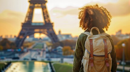 A woman with a backpack enjoys a stunning view of Eiffel Tower at sunset, symbolizing adventure and travel - obrazy, fototapety, plakaty