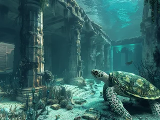 Fotobehang Virtual reality simulation of underwater archaeology, discovering Atlantean ruins guarded by bioluminescent sea turtles © AlexCaelus