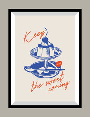 Minimalist hand drawn food and beverages vector print poster in a frame. Art for postcards, branding, logo design, greeting card