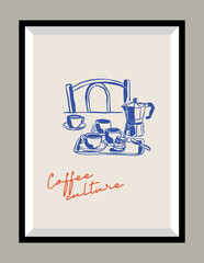 Minimalist hand drawn food and beverages vector print poster in a frame. Art for postcards, branding, logo design, greeting card