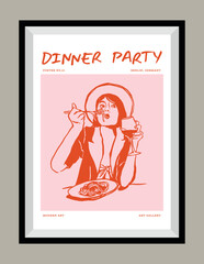 Minimalist hand drawn food and beverages vector print poster in a frame. Matisse style art. Art for postcards, branding, logo design, greeting card