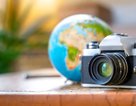 Old camera next to world globe. Symbol of classic travel and vacation to different countries.
