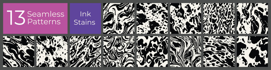Geometric pattern set. Abstract liquid ink stain cover. Modern creative blot stain background.