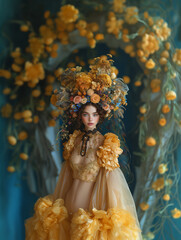 A young woman in a floral wreath with perfectly smooth skin, wearing yellow clothes. The surrounding environment is adorned with yellow flowers. Fashion portrait. Fashion magazine cover. Fashion.