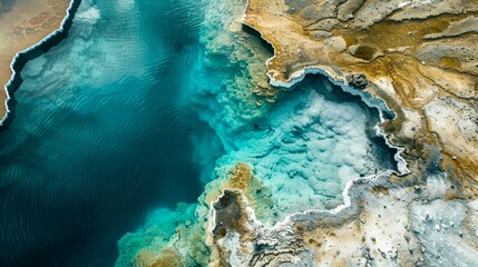 Stunning aerial perspective of a geothermal spring landscape, revealing nature's intricate patterns and vivid aquamarine waters surrounded by textured terrain