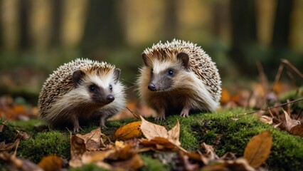 In its natural habitat, a young hedgehog explores its surroundings, its tiny spines glinting in the dappled sunlight filtering through the foliage. With cautious curiosity, it sniffs and scurries amid - obrazy, fototapety, plakaty