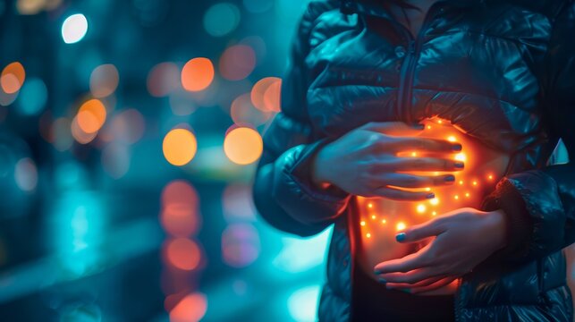 A woman in a winter jacket holds a string of lights to her stomach on a dark, bokeh-light-filled street, creating a warm, hopeful ambiance