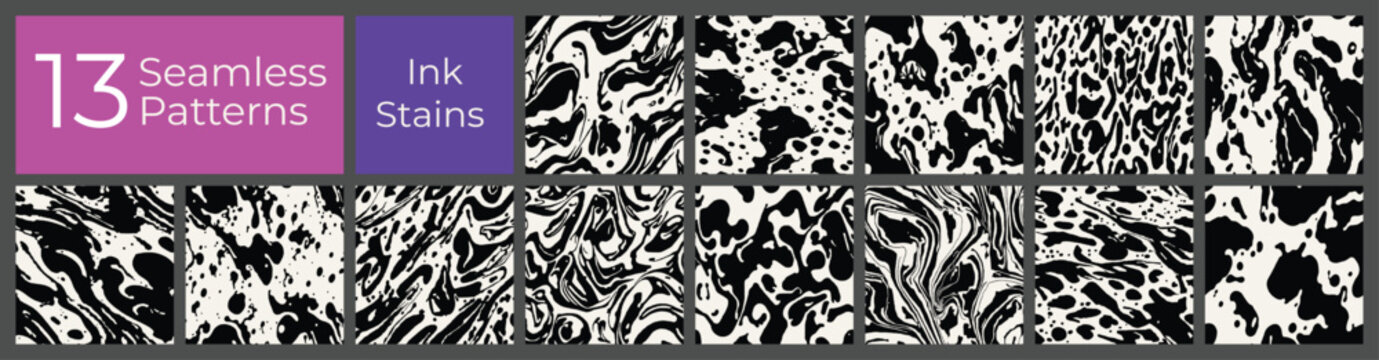 Geometric pattern set. Abstract liquid ink stain cover. Modern creative blot stain background.