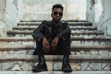 Black man fashion and street style clothes on cool trend or attitude model on steps by city wall background on building Portrait of serious student sitting on stairs in urban punk clothing outdoor - obrazy, fototapety, plakaty
