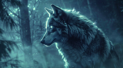 Ethereal wolf in moonlit forest glowing softly