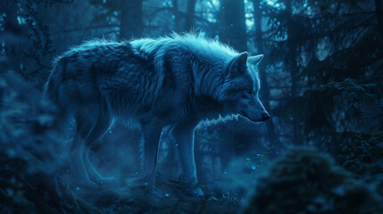 Ethereal wolf in moonlit forest glowing softly - obrazy, fototapety, plakaty