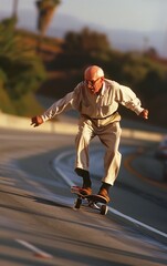 energetic senior man enjoying riding a skateboard. The concept of life satisfaction. Portrait of a positive gray-haired man with a skateboard. winner concept.