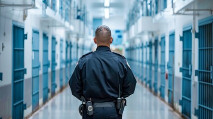 A stern correctional officer stands guard in a prison corridor, representing law enforcement and high security in a correctional facility