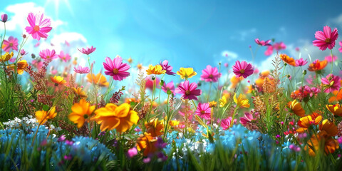 Obraz na płótnie Canvas colorful background with colorful Cosmos flower with clear blue sky background, colorful spring flower, banner