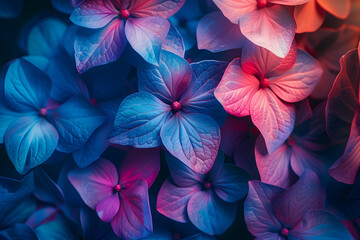 Vibrant flowers in hues of pink, purple, and electric blue on a dark backdrop