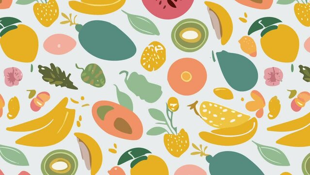 A seamless pattern of fruits and leaves. Loop Background Animation