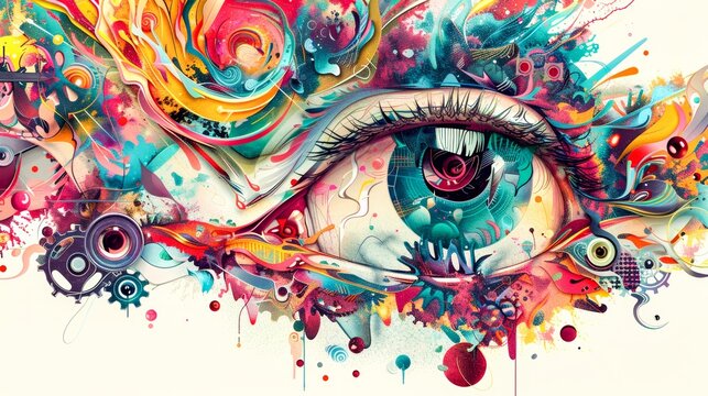 A highly detailed, abstract piece centered around a human eye, blending colors and forms with visual dynamism