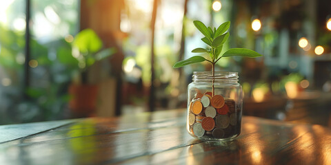 Grow Savings Concept. Plant Growing Out Of Coin Jar On Table - obrazy, fototapety, plakaty