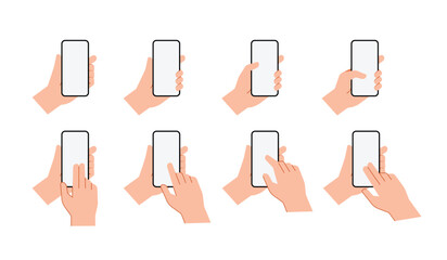 Hands holding mobile phones set. Fingers touching, tapping, scrolling smartphone screens, using applications. People handling with cellphones. Flat vector illustration isolated on white background - obrazy, fototapety, plakaty