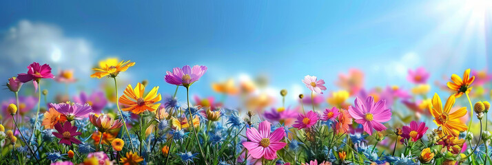colorful background with colorful Cosmos flower with  clear blue sky background, colorful spring flower, banner