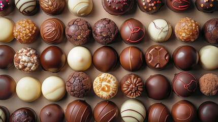 Assorted chocolates, luxury chocolate bonbons, close up. Food Background. Top view.	