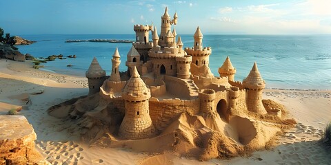A sand castle is built on a beach next to the ocean. The castle is made of sand and has a castle-like appearance. The scene is peaceful and serene - obrazy, fototapety, plakaty