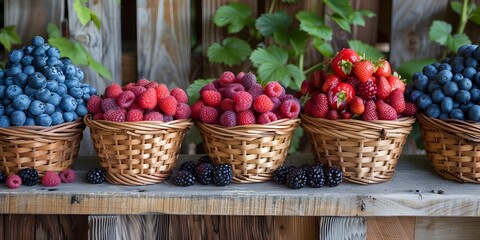 A basket of blueberries, raspberries, and strawberries are displayed on a wooden table. The baskets...