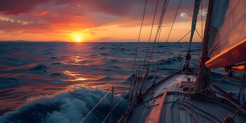 A sailboat is sailing on a calm sea with a beautiful sunset in the background - obrazy, fototapety, plakaty