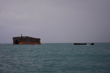 Naklejka premium Mara Hope, old shipwreck 37 years old on the Atlantic coast near Fortaleza, originally built at a Spanish shipyard in Cardíz. Fortaleza - Ceará, Brazil, March 16, 2024.