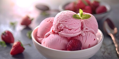 A bowl of pink ice cream with raspberries on top