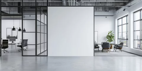 Tapeten White blank wall in a modern office interior with glass doors and windows, mockup template,banner © Planetz